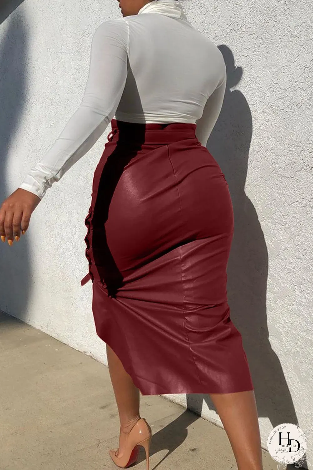 Blue Brown PU Drawstring Sleeveless High Patchwork Solid bandage Split A-line skirt Capris Bottoms