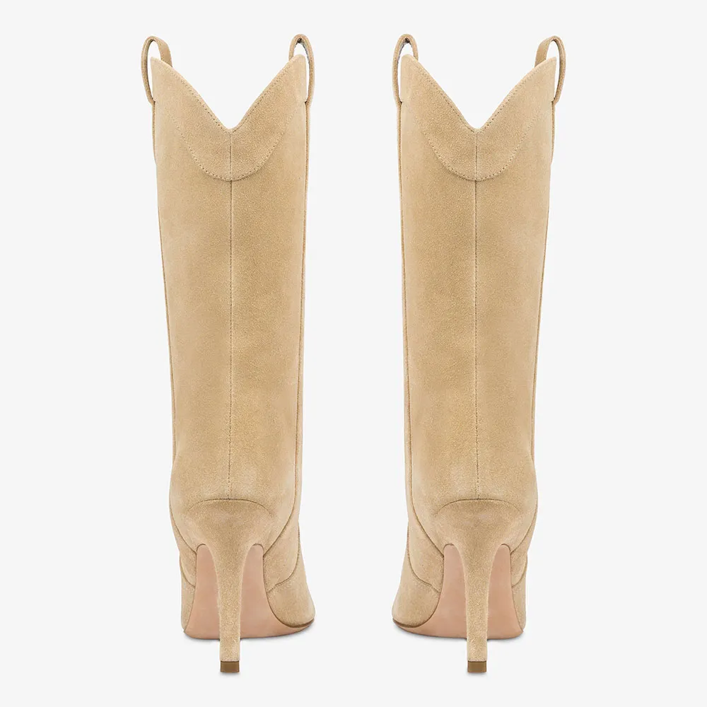 Khaki Vegan Suede Pointed Toe Stiletto Heel Western Boots for Women