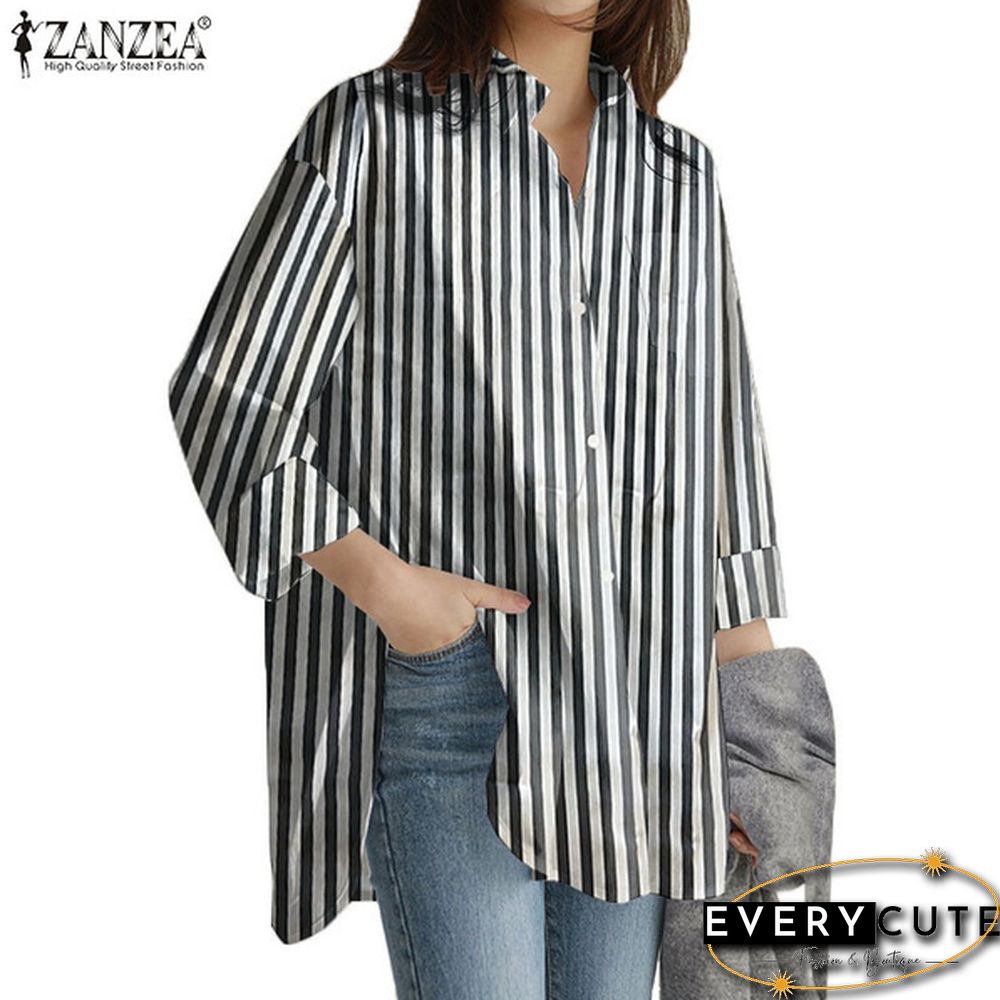 Womens Turn Down Collar T-Shirt Full Sleeve Front Pockets Loose Shirt Button Striped Print Tops S-5XL