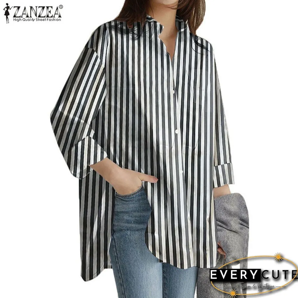 Womens Turn Down Collar T-Shirt Full Sleeve Front Pockets Loose Shirt Button Striped Print Tops S-5XL