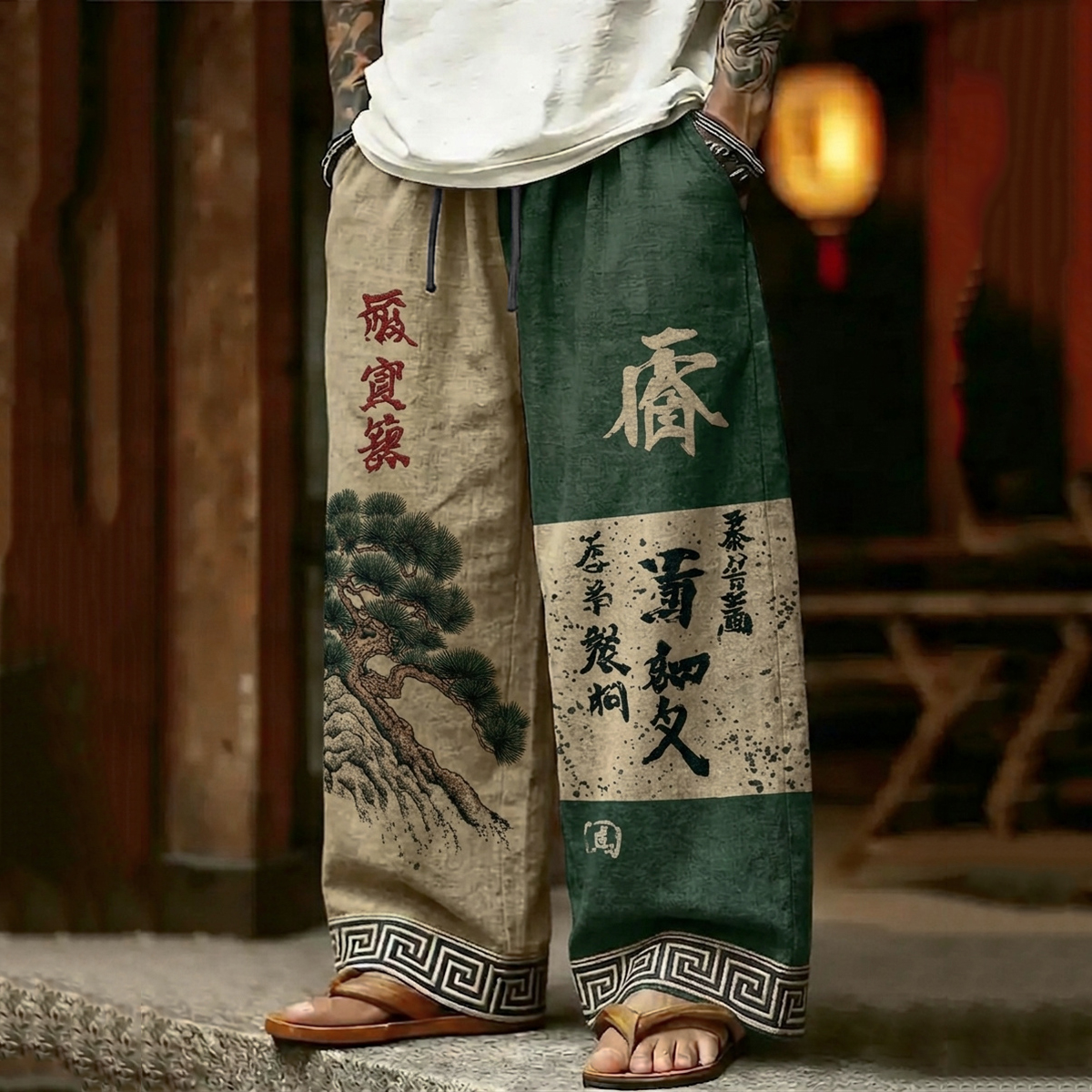 Japanese Style Pine Tree Color Blocks Art Linen Blend Pants elevenforest