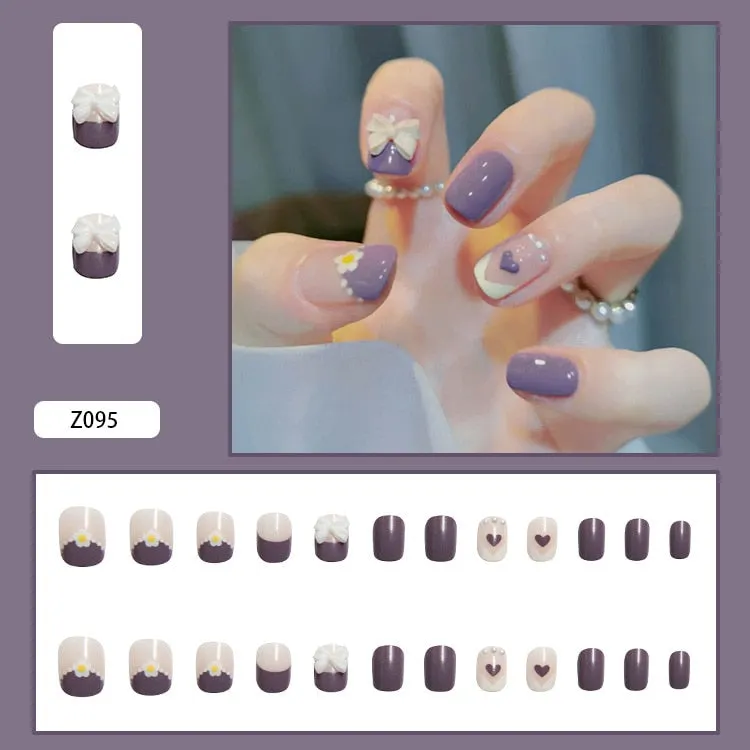 24pcs/box Fake Nails With Glue Yellow Flower Printed Type Short Paragraph Fashion Manicure Press On False Nails Gifts For Girls-Nail Inspo