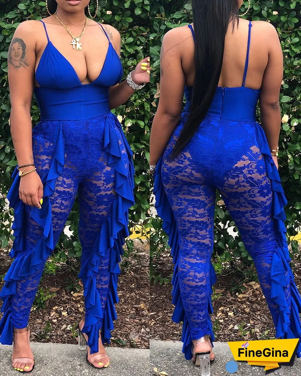 Plunge Ruffle Hem Crochet Lace Patch Jumpsuit