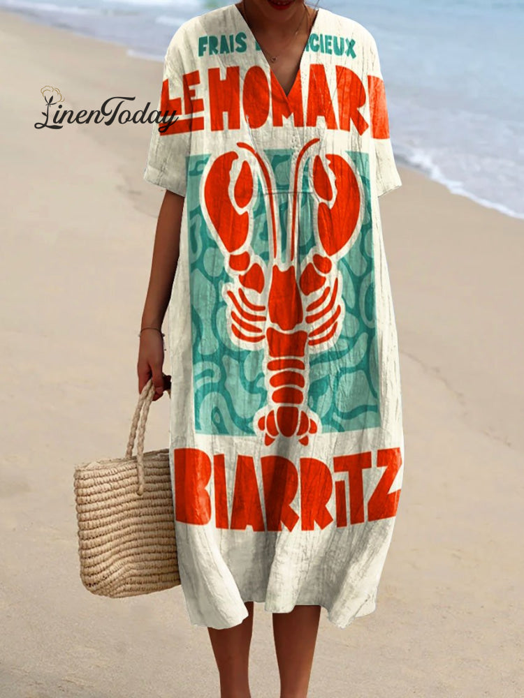 Women&rsquo;s Vintage French Biarritz Lobster Art Print Flowy Dress Multicolor / S