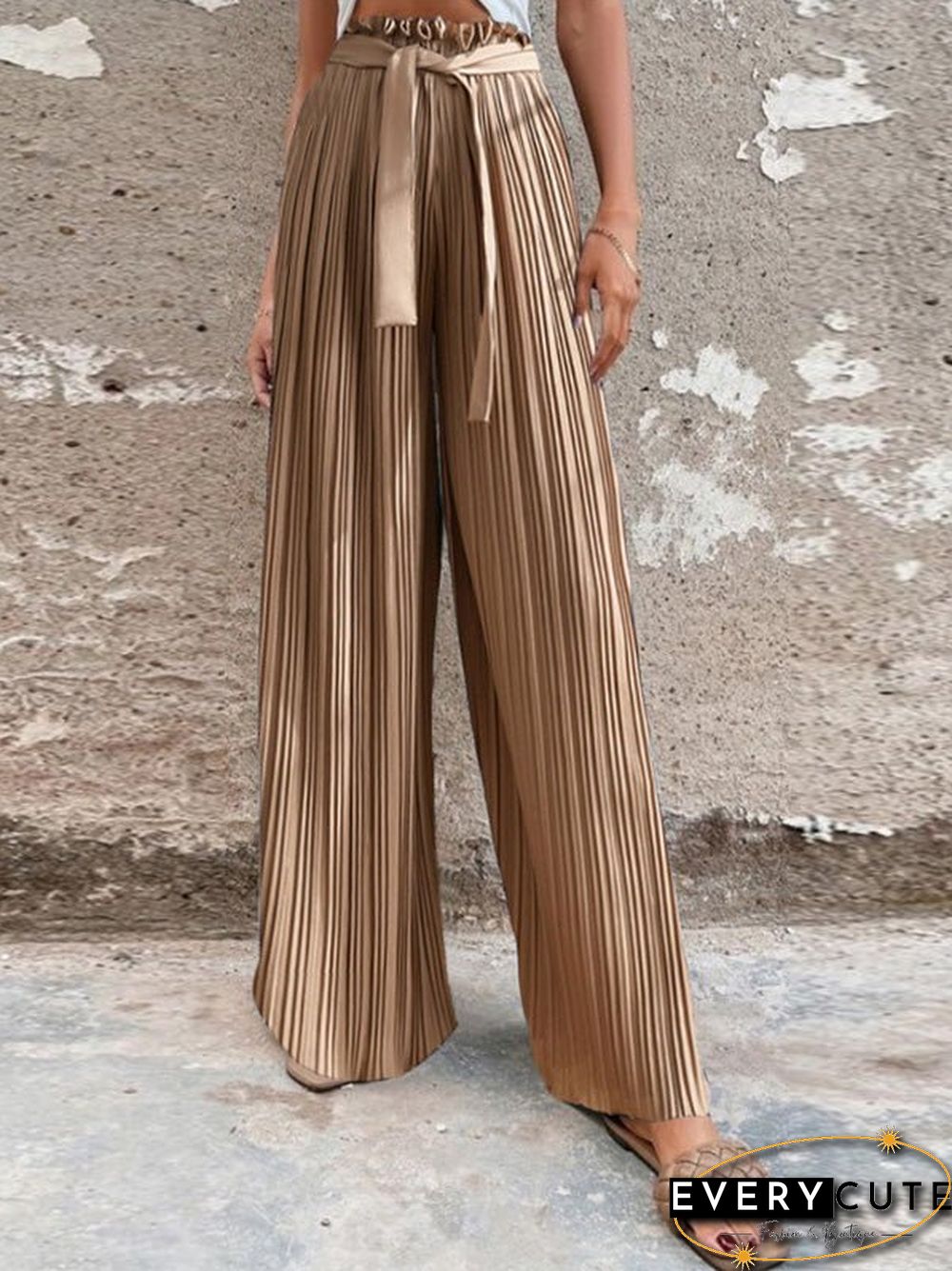 Women'S Pants Pleated Tie High Waist Straight Wide Leg Pants