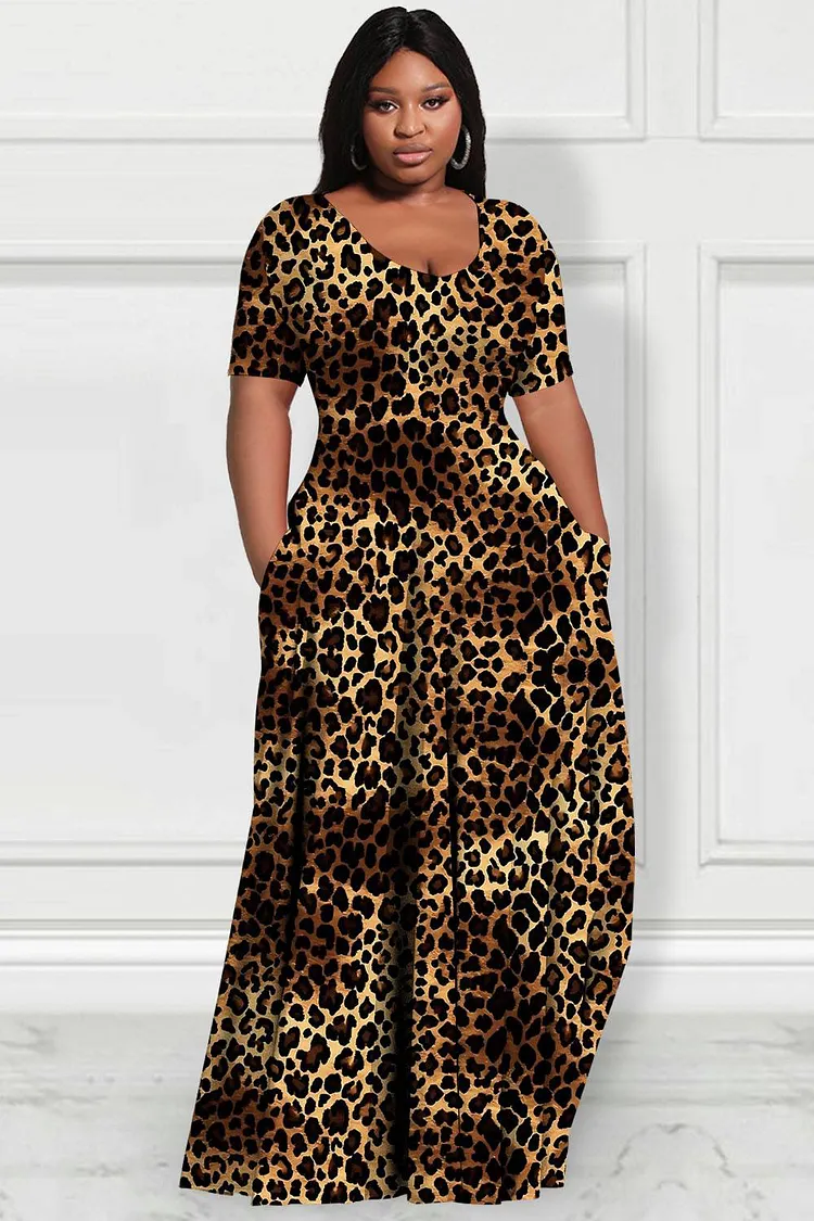 Xpluswear Design Plus Size Daily Brown Leopard Round Neck Short Sleeve Pocket Casual Maxi Dresses 2024 - Xpluswear