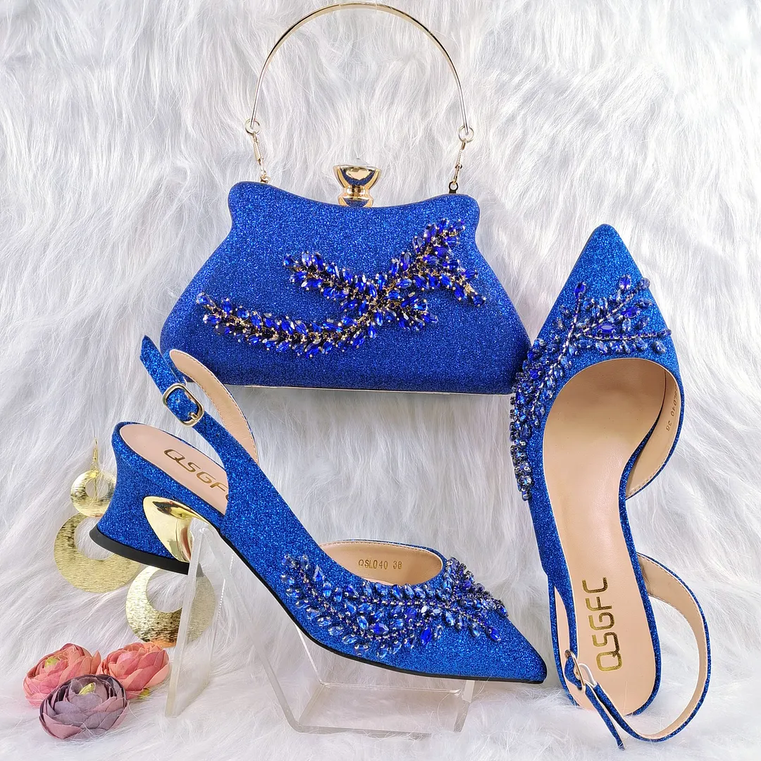 QSGFC 2022 Peach Color Shaped Mid-heel Design Shoes Popular Pointed Ladies Shoes And Bags African Wedding Party Shoes With Bag