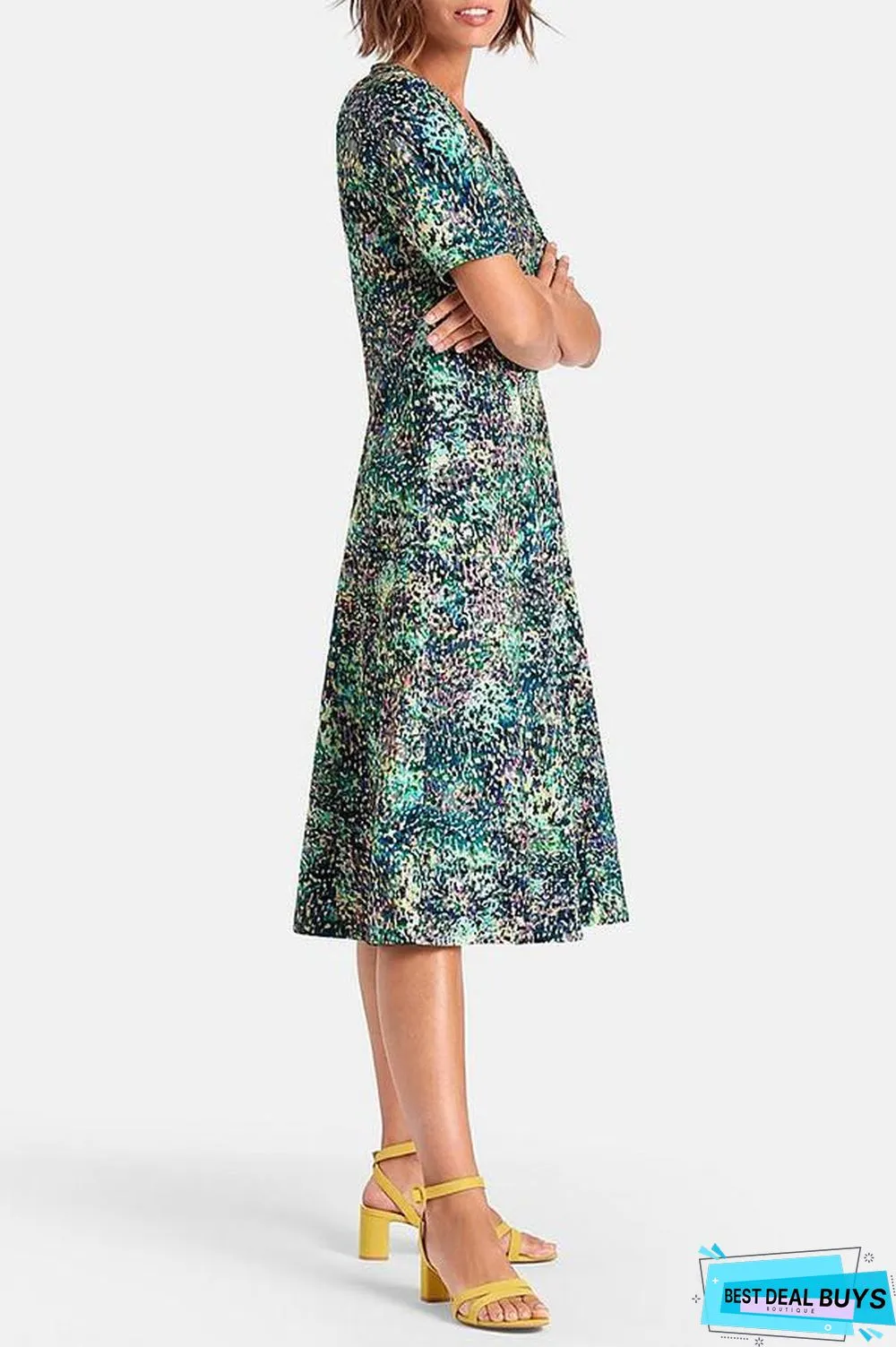 Vintage Print Buttoned V-Neck Paneled Midi Dress