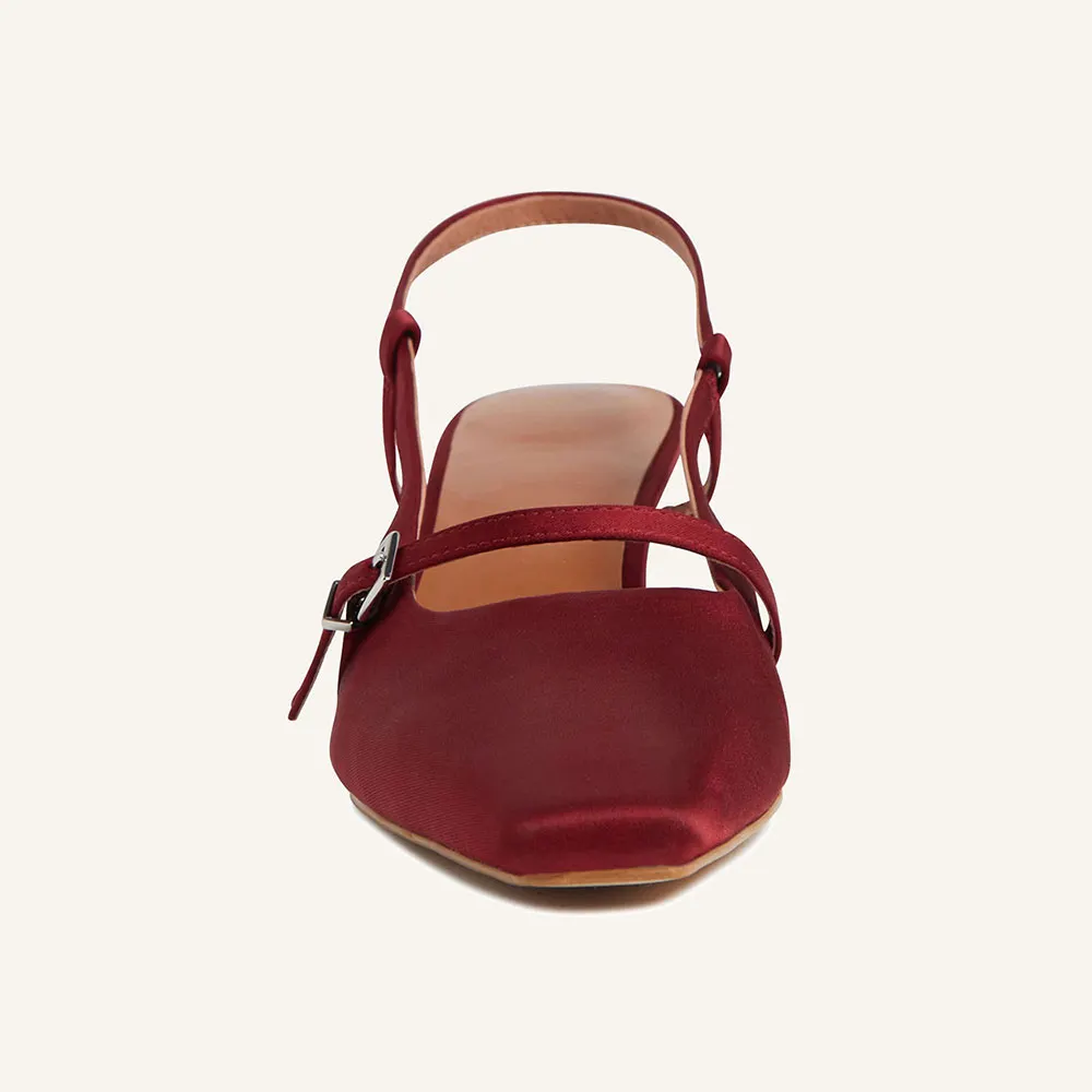 Elegant Red Satin Square Toe Slingback Heels with Buckle Strap