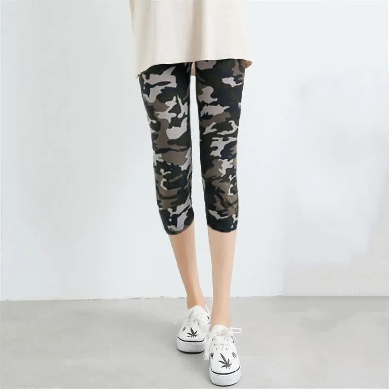 CUHAKCI Camouflage Printed Leggings Sexy Women Lady Army Green High Elastic Fitness Leggins Polyester Capris Workout Trousers
