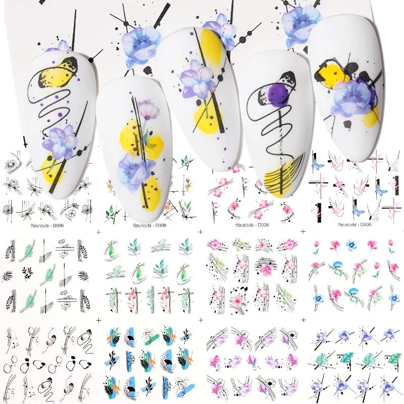 12Styles Harunouta Spring Summer Alphabet Flower Leaves Nail Water Decals Popular Geometric Lines Transfer Stickers Decoration
