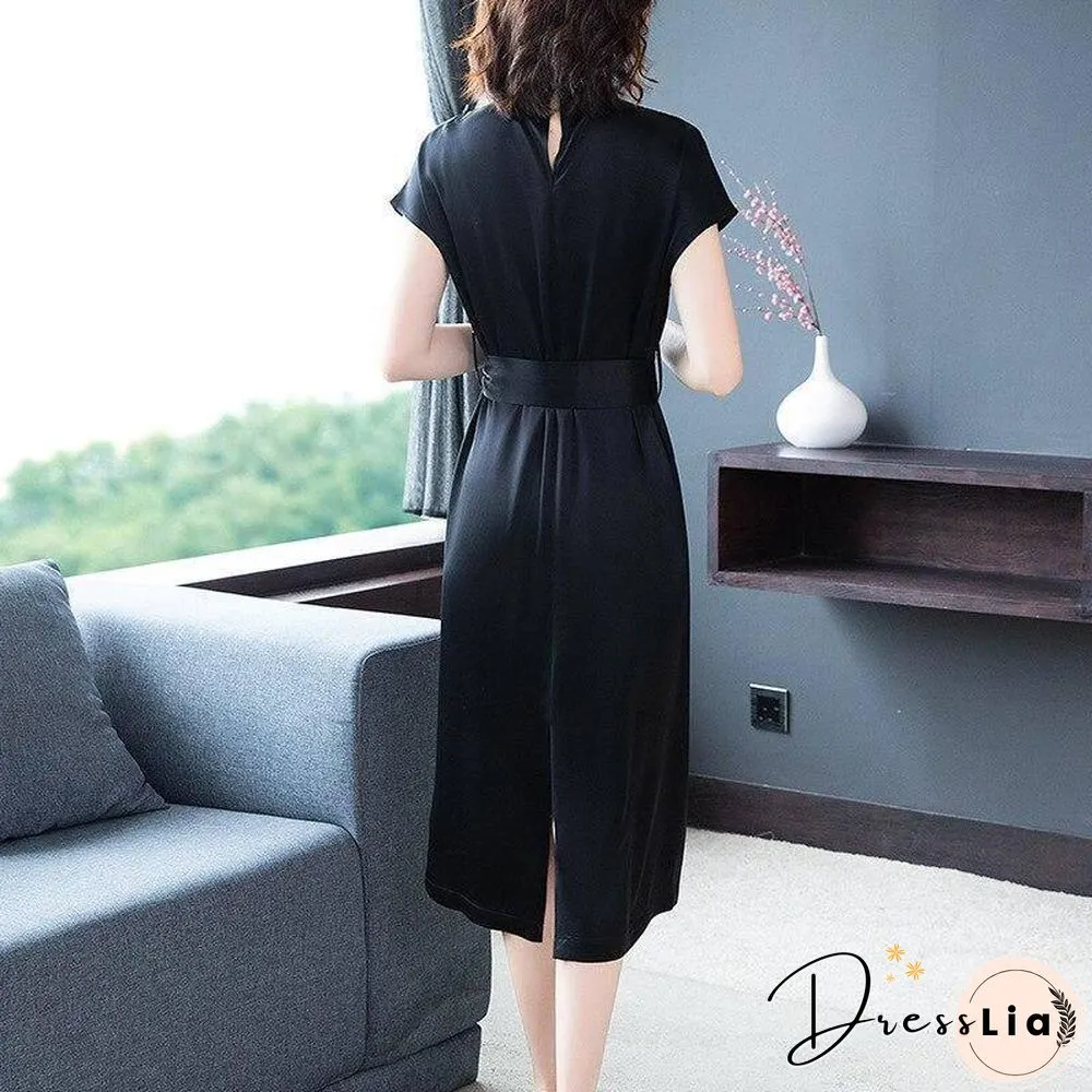 Spring Midi Black Dresses Women Short Sleeve Belt Satin Vintage Elegant Fashion Female Clothing Office Lady Party Summer
