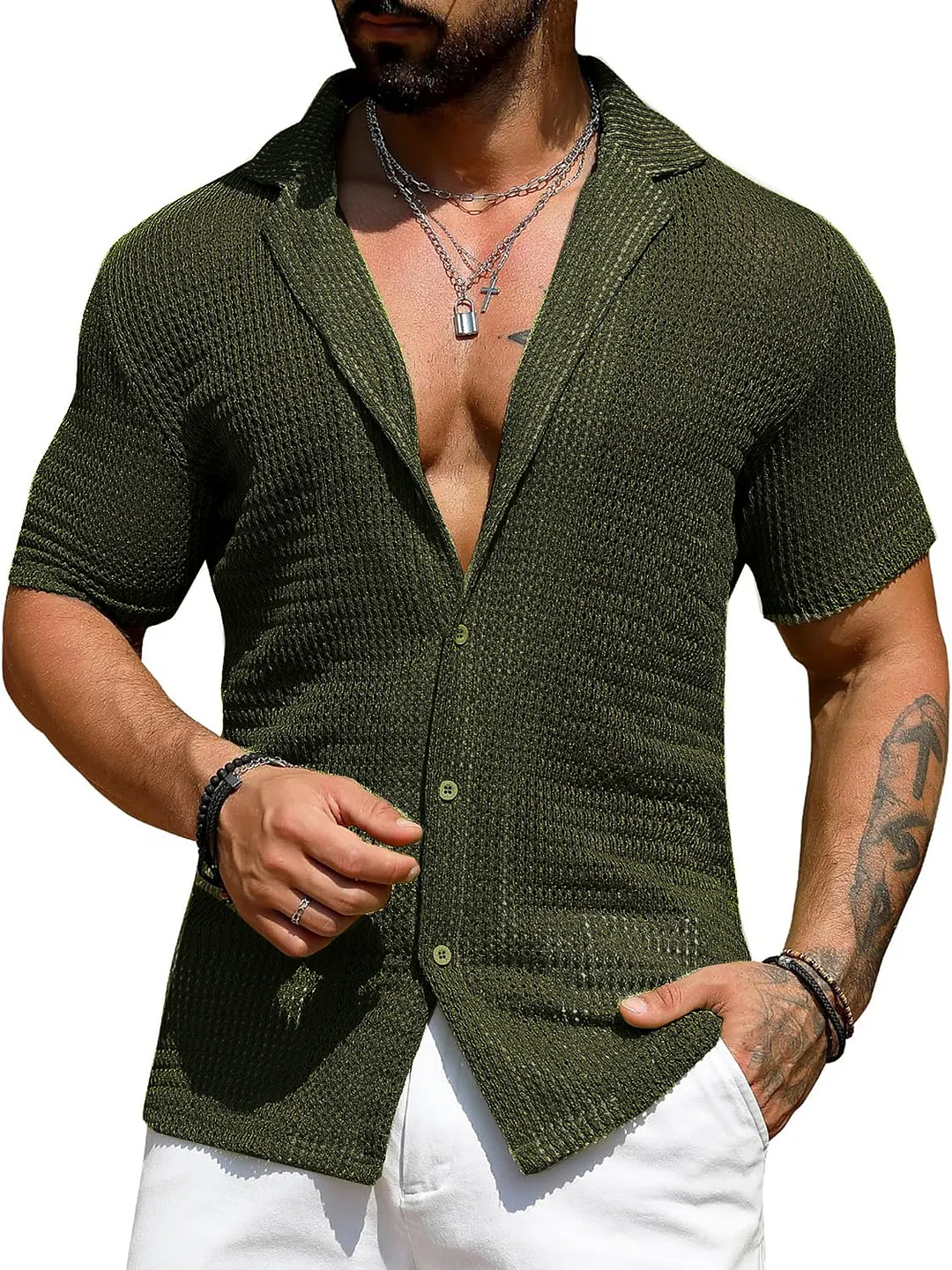 Brownm Brownm Men's Summer Cool Shirt Men's Casual Knit Hollow Out Breathable Short Sleeved Lapel Fashion Men's Wear