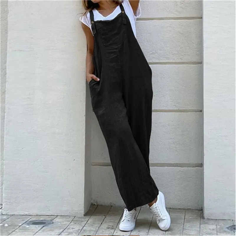 Women Suspender Rompers Overalls 2021 Vintage Jumpsuits Playsuits Long Pockets Wide Leg Pants Combinaison Oversize