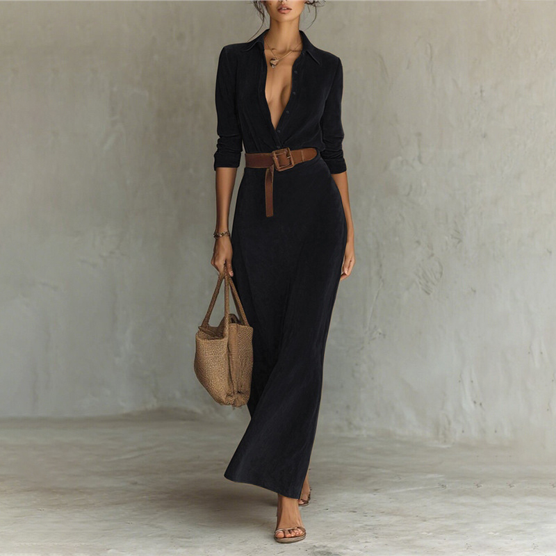 Women's Retro Suede Waist-cinching Long Dress With Belt elevenforest