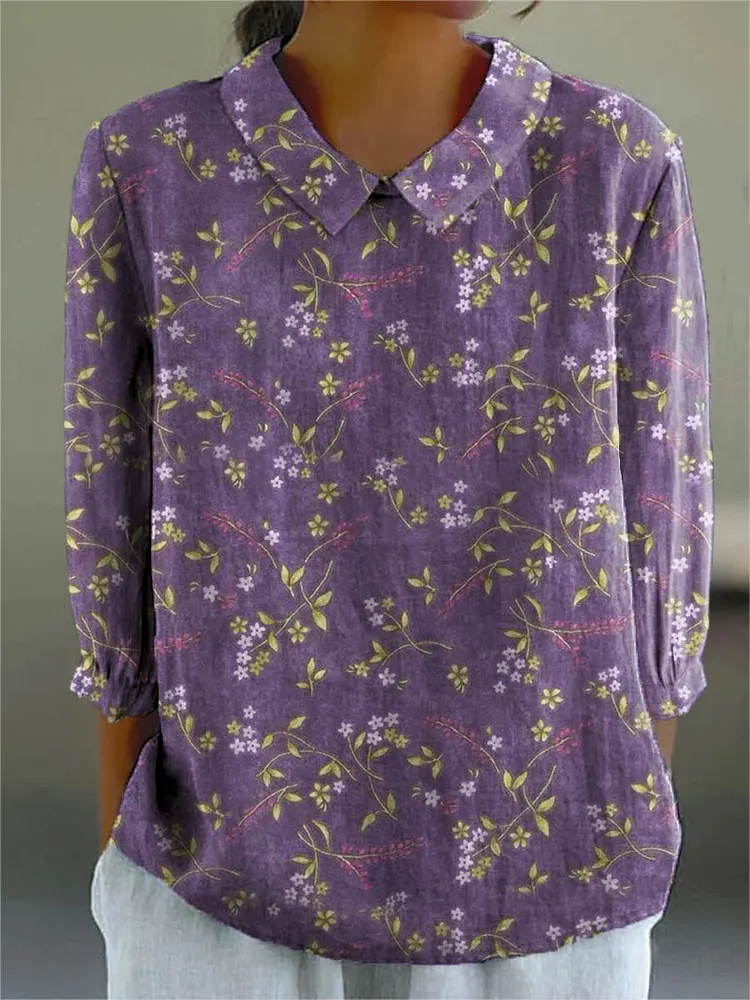 Women's Vintage Lovely Floral Art Print Casual Cotton And Linen 3/4 Sleeve Shirt