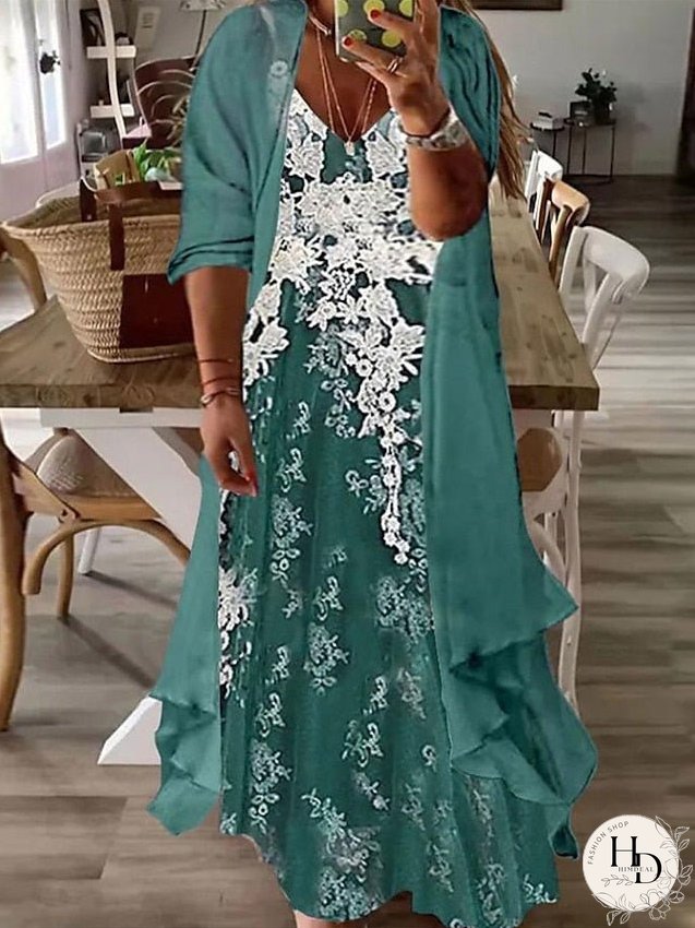 Plus Size Casual Dress Dress Set Two Piece Dress Floral Long Dress Maxi Dress 3/4 Length Sleeve Print V Neck Fashion Daily Pink Blue Spring Summer L XL XXL 3XL for Women