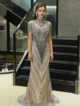 Women's High Neck Sequins Mermaid Gown Long Prom Evening Party Dress