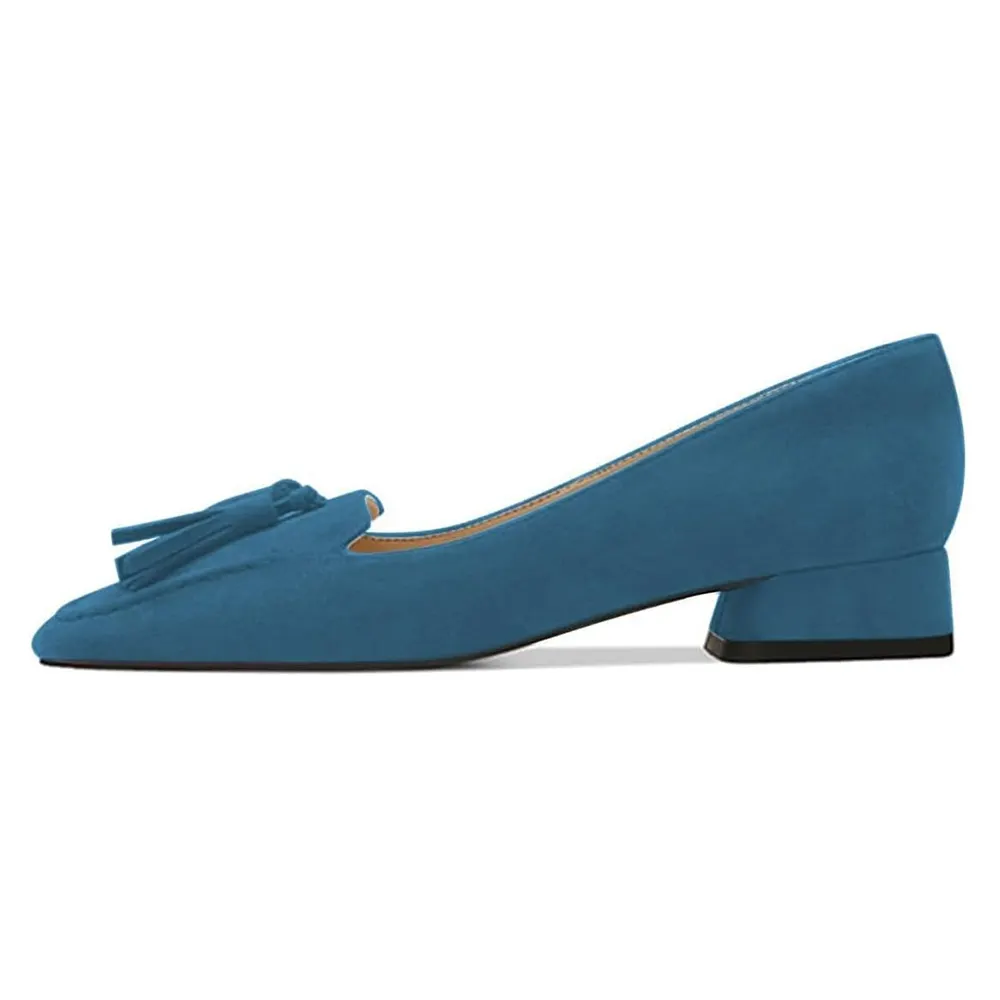 Steel Blue Vegan Suede Tassel Accent Loafer Block Heel Pumps