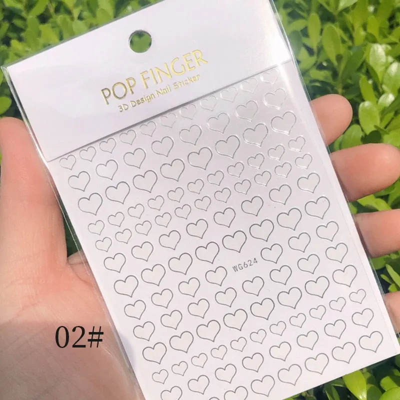 Star Nail Art 3D Stickers Black White Gold Love Hearts Pattern Nail Decals Manicures Nails Design Adhesive Wraps Tip Decoration