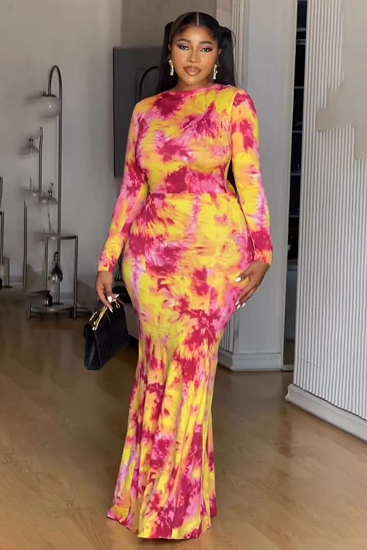 Round Neck Tie Dye Fishtail Vacation Maxi Dresses-Multicolor [Pre Order]
