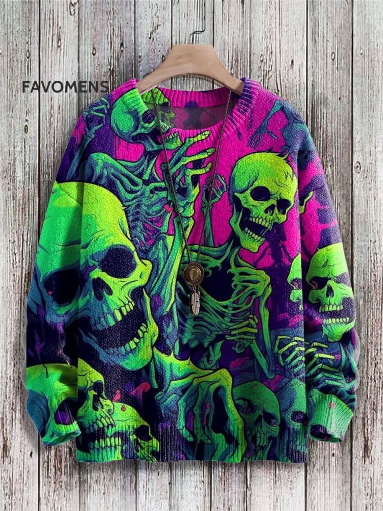 Skull Print Knit Pullover Sweater As Shown / S