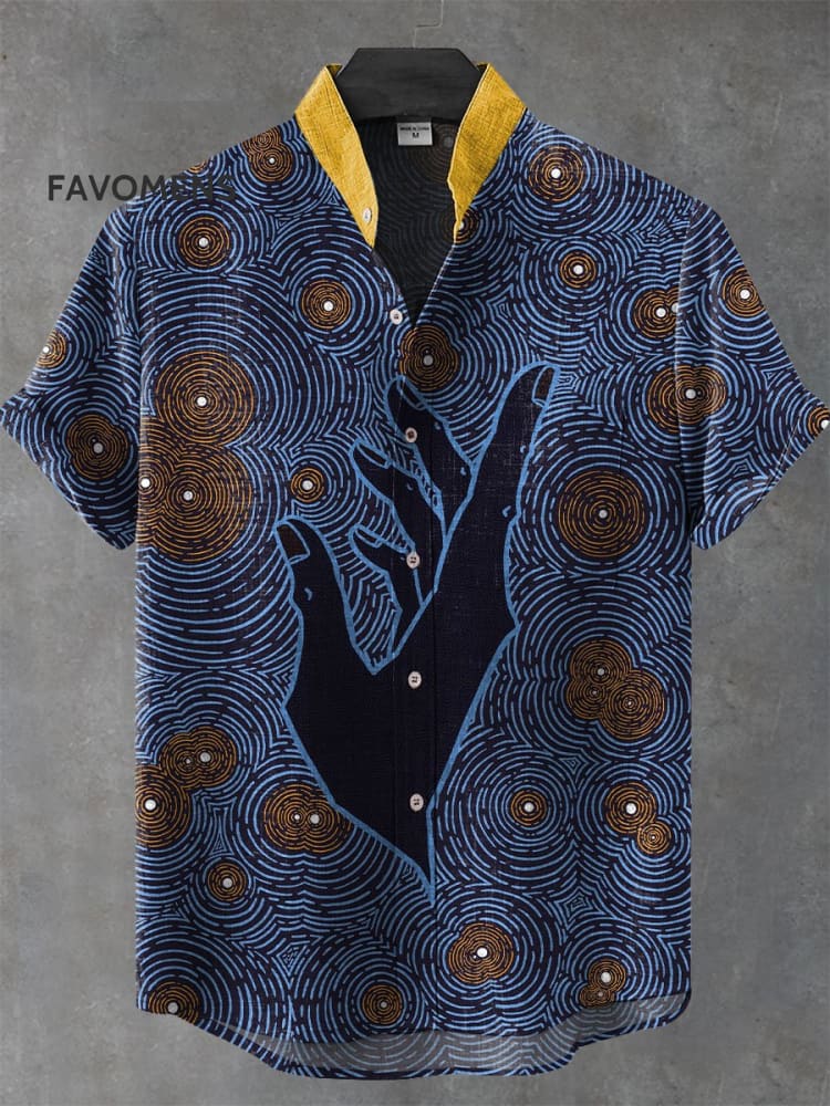 Vintage Contrasting Coil And Palm Art Print Casual 100% Cotton Shirt Multicolor / S
