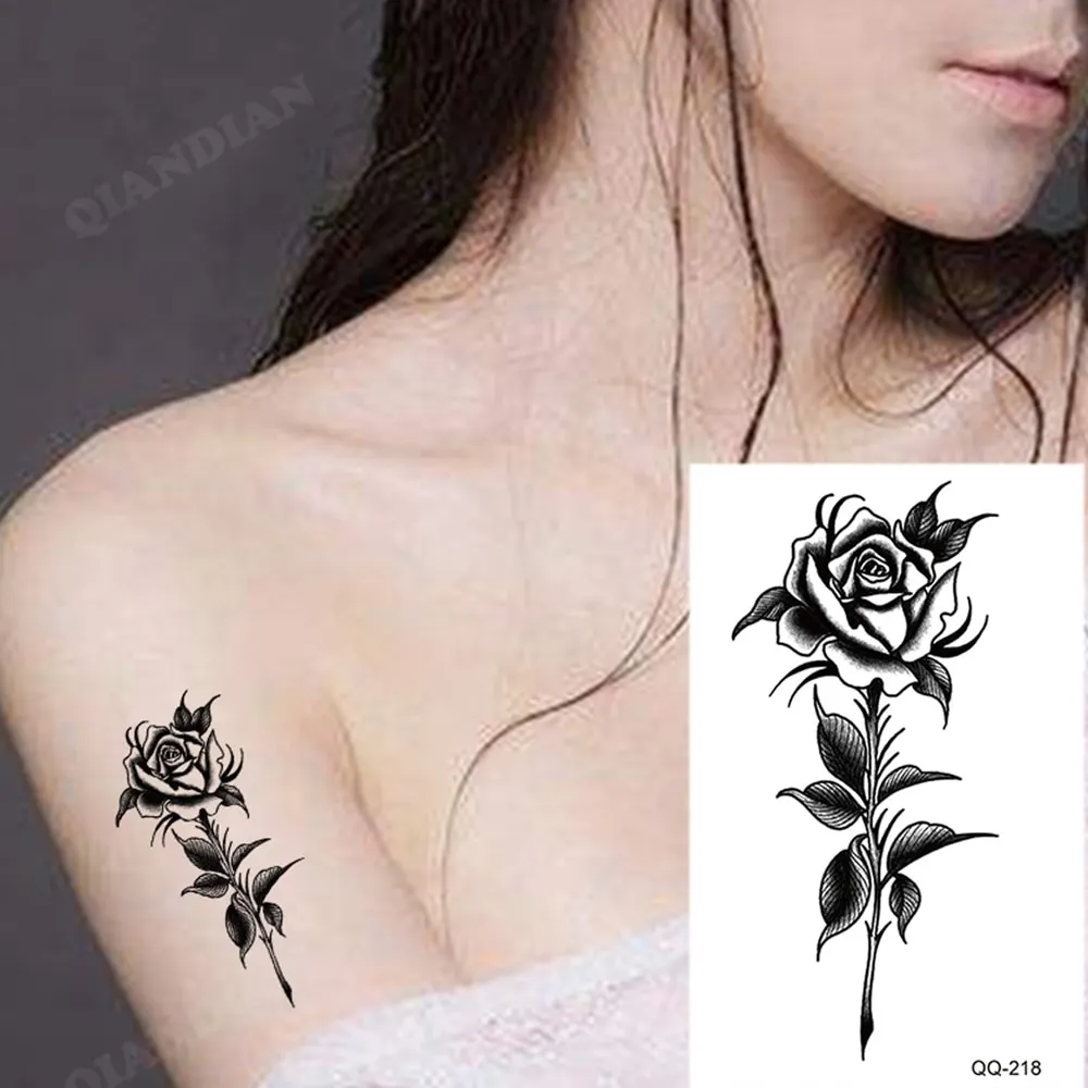 Sdrawing Temporary Tattoo Stickers Butterfly Snake Rose Flower Gun Dark Flash Small Women Body Art Wrist Neck Fake Tattoos Men