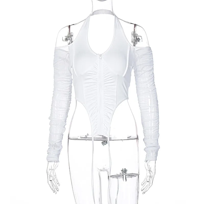 Hugcitar 2021 Long Stacked Sleeve Halter Zipper Patchwork Sexy Crop Top Autumn Winter Women Fashion Streetwear Tshitrs Club Tees