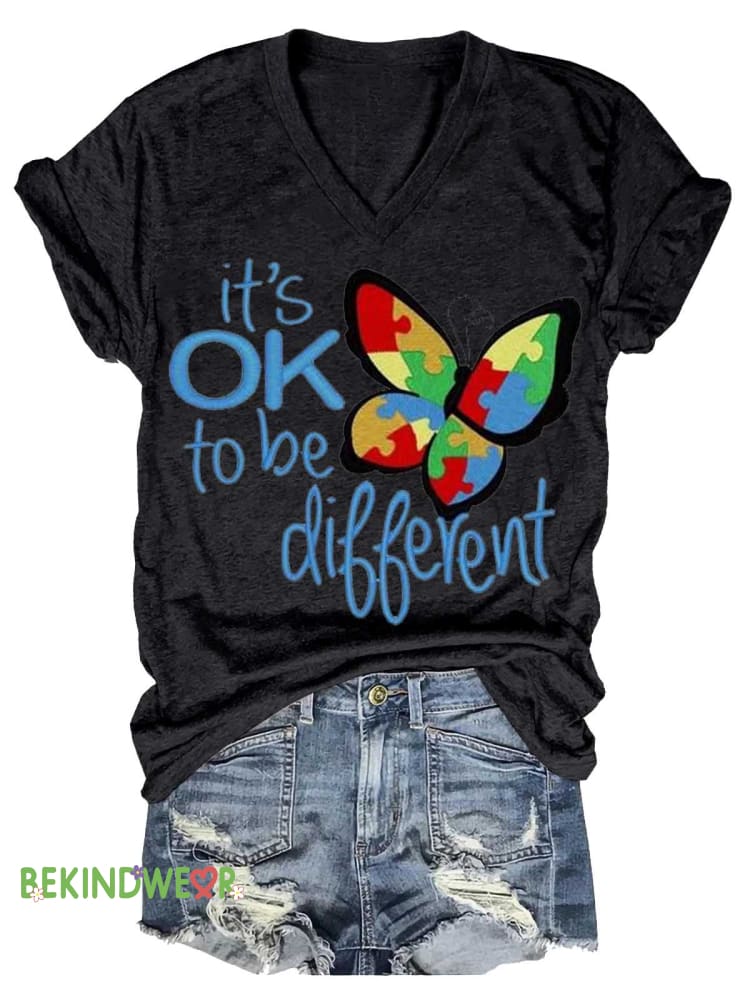 Women&rsquo;s It&rsquo;s OK To Be Different Butterfly Autism Awareness V-neck Casual T-Shirt Black / S