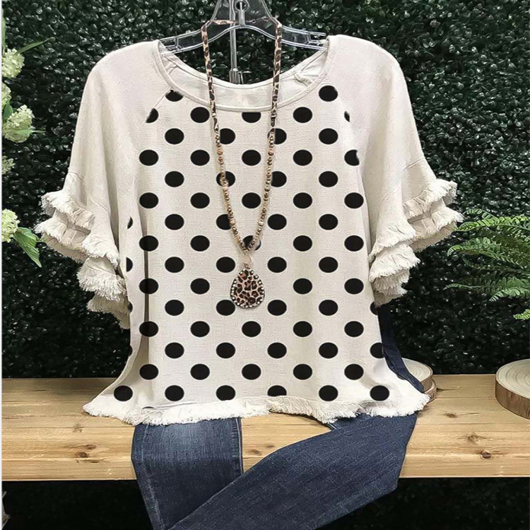 Women's Lace Ruffle Sleeve round Neck Multicolor Printing Loose T-shirt
