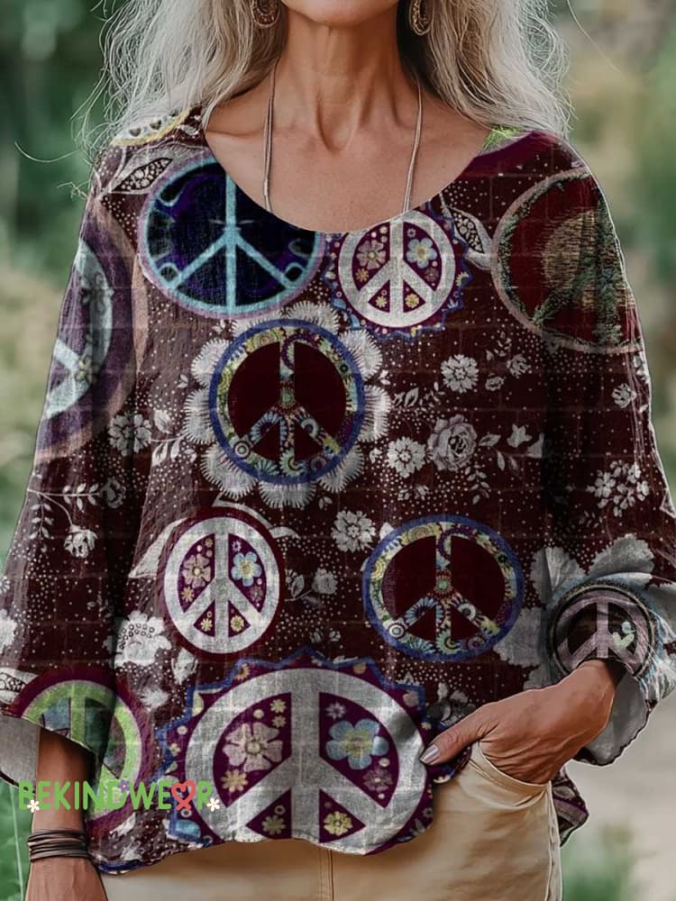 Women&rsquo;s Peace Sign Floral Print Casual Cotton And Linen Shirt Multicolor / S