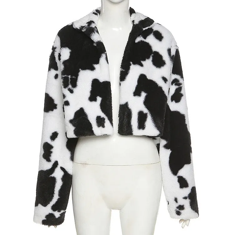 Women Dalmatian Coat Autumn and Winter Cows Pattern Plush Loose High Collar Women