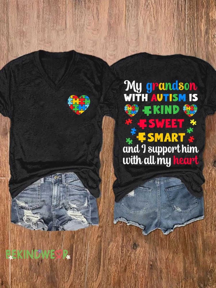 Women&rsquo;s My Grandson WITH AUTISM IS KIND SWEET SMART and I Support Him with All My Heart Autism Awareness V-neck Casual