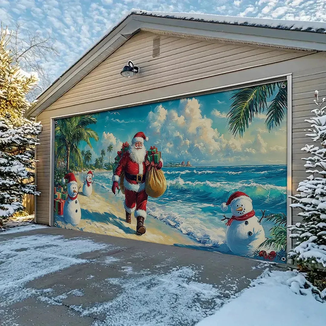 Garage Door Banner Decoration - Tropical Christmas Santa&rsquo;s Beachside Holiday with Snowmen