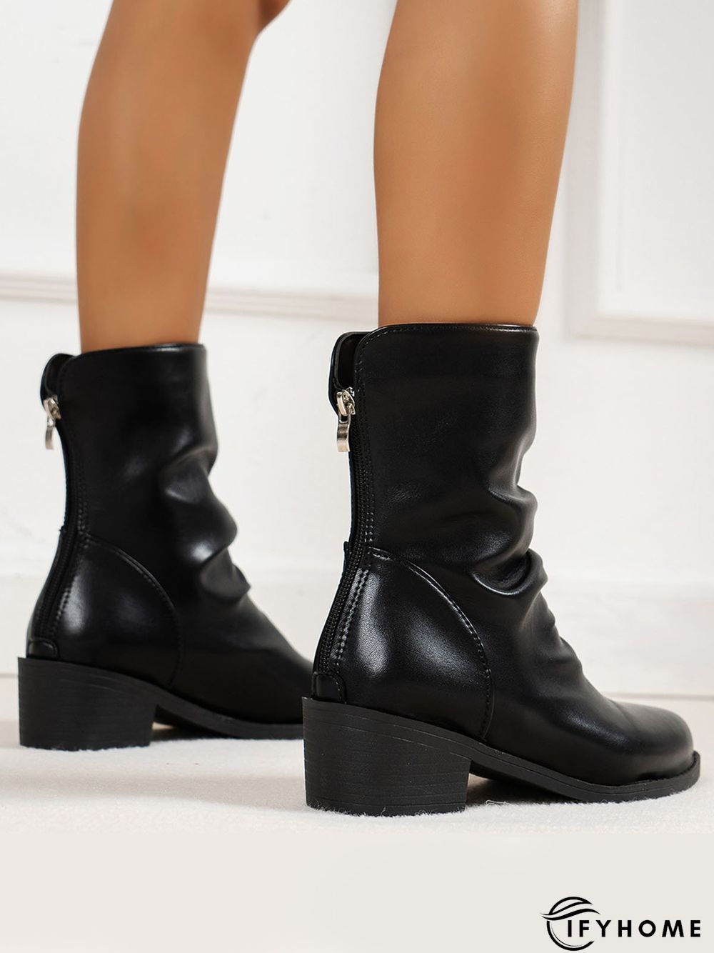 Ruched Zipper Pointed Toe Chunky Heel Boots | IFYHOME