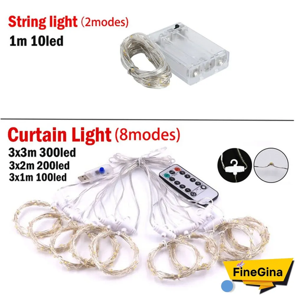 300LED Curtain String Lights 8 Modes with Remote Control Waterproof Fairy Lights Wedding Party Room Christmas Decoration Lights USB Powered