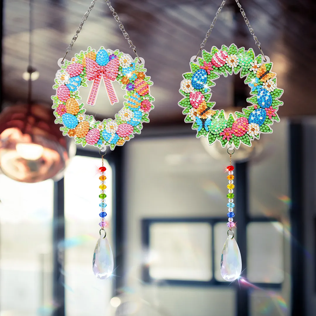 2Pcs Wreath DIY Acrylic Diamond Painting Art Wind Chimes with Crystal Pendant Diamond Art Hanging Pendant Double-Sided for Adults Beginners Gift Home Garden Decor