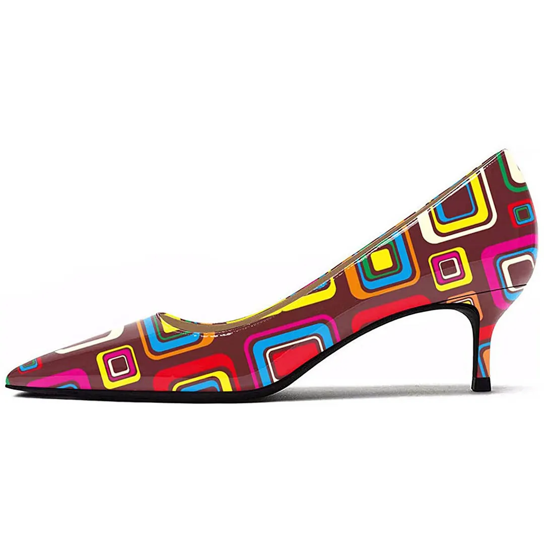 YDN Fancy Multicolor Square Print Pointed Toe Pumps Heels