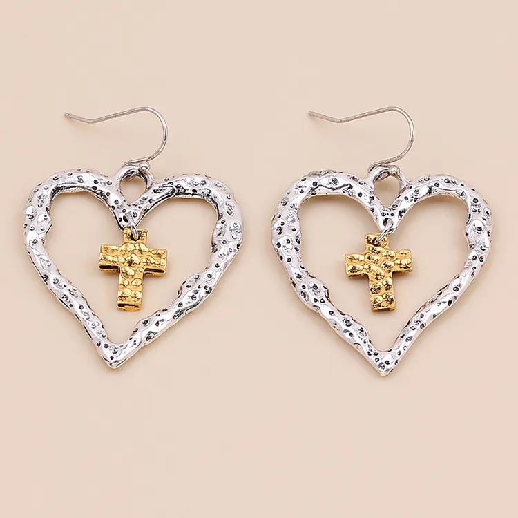 Vintage Cutout Heart Cross Earrings
