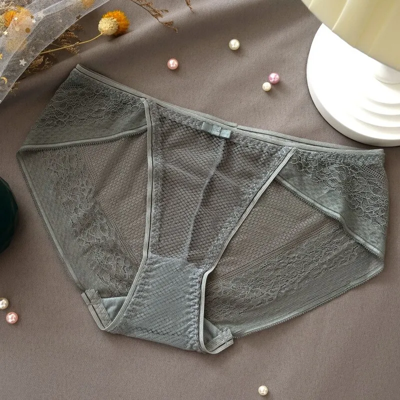 Billionm Women's Sexy Lace Panties Ladies Plus Size Mid-waist Ice Silk Cotton Panties Girly Seamless Transparent Panties Briefs
