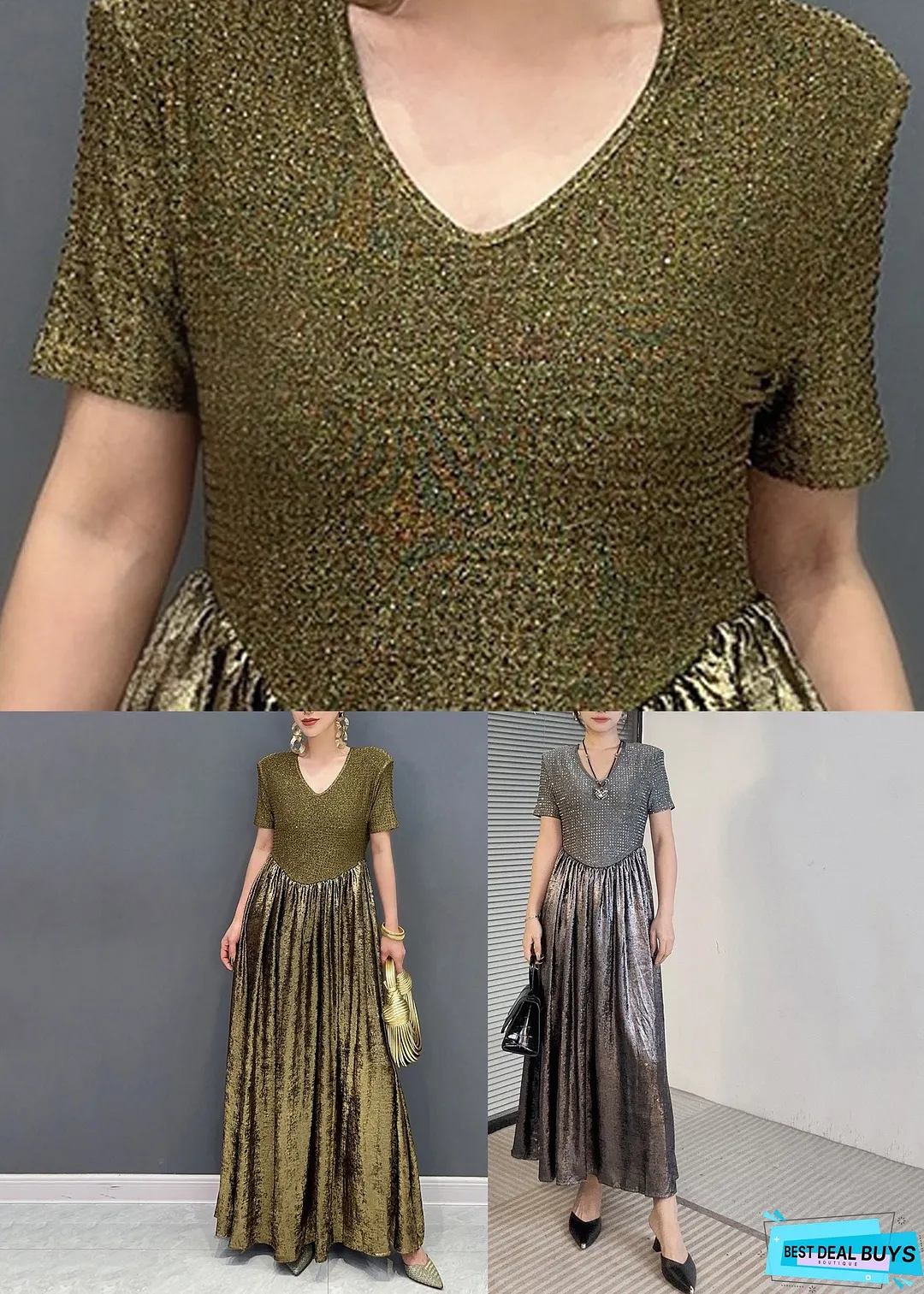 Vogue Gold V Neck Sequins Long Dresses Summer