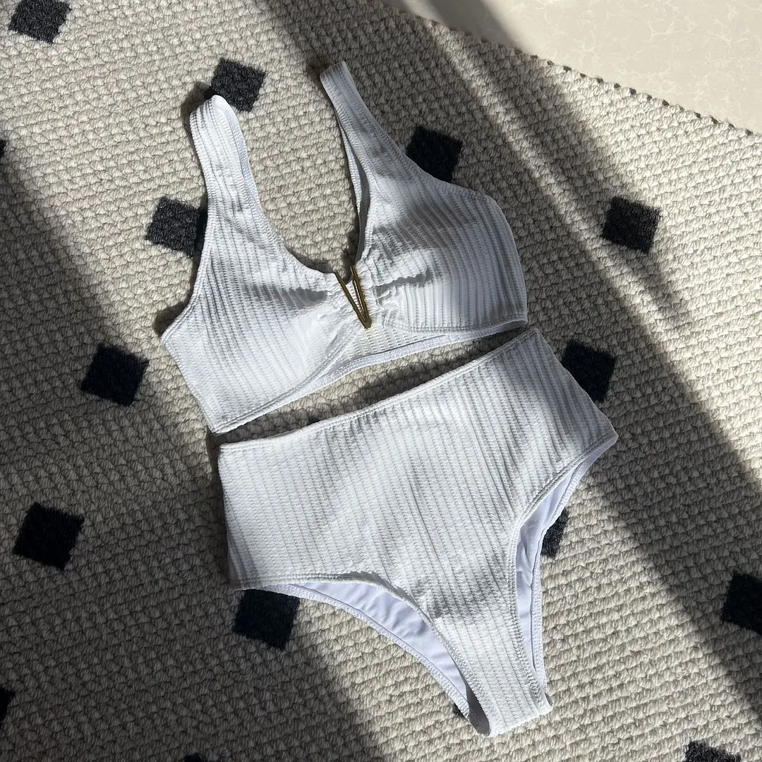 Churchf 2024 New Solid Color Sexy Special Fabric High-Waist Split Swimsuit Swimsuit Swimsuit