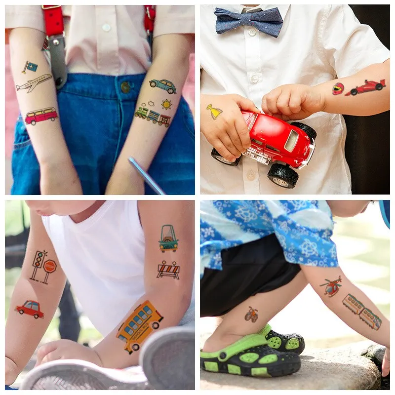 10 Kinds Cartoon Cars Tattoos Disposable Children Aircraft Vehicle Cognitive Stickers Waterproof Temporary Face Arm Makeup