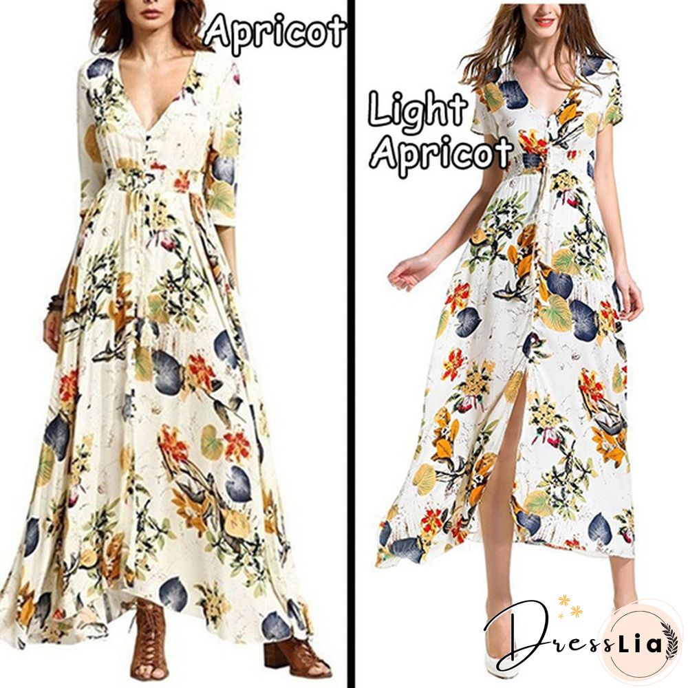Summer Fashion Womens Bohemian V Neck Print Big Swing Long Dress Plus Size