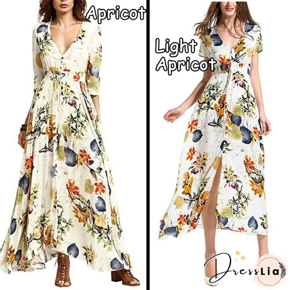 Summer Fashion Womens Bohemian V Neck Print Big Swing Long Dress Plus Size