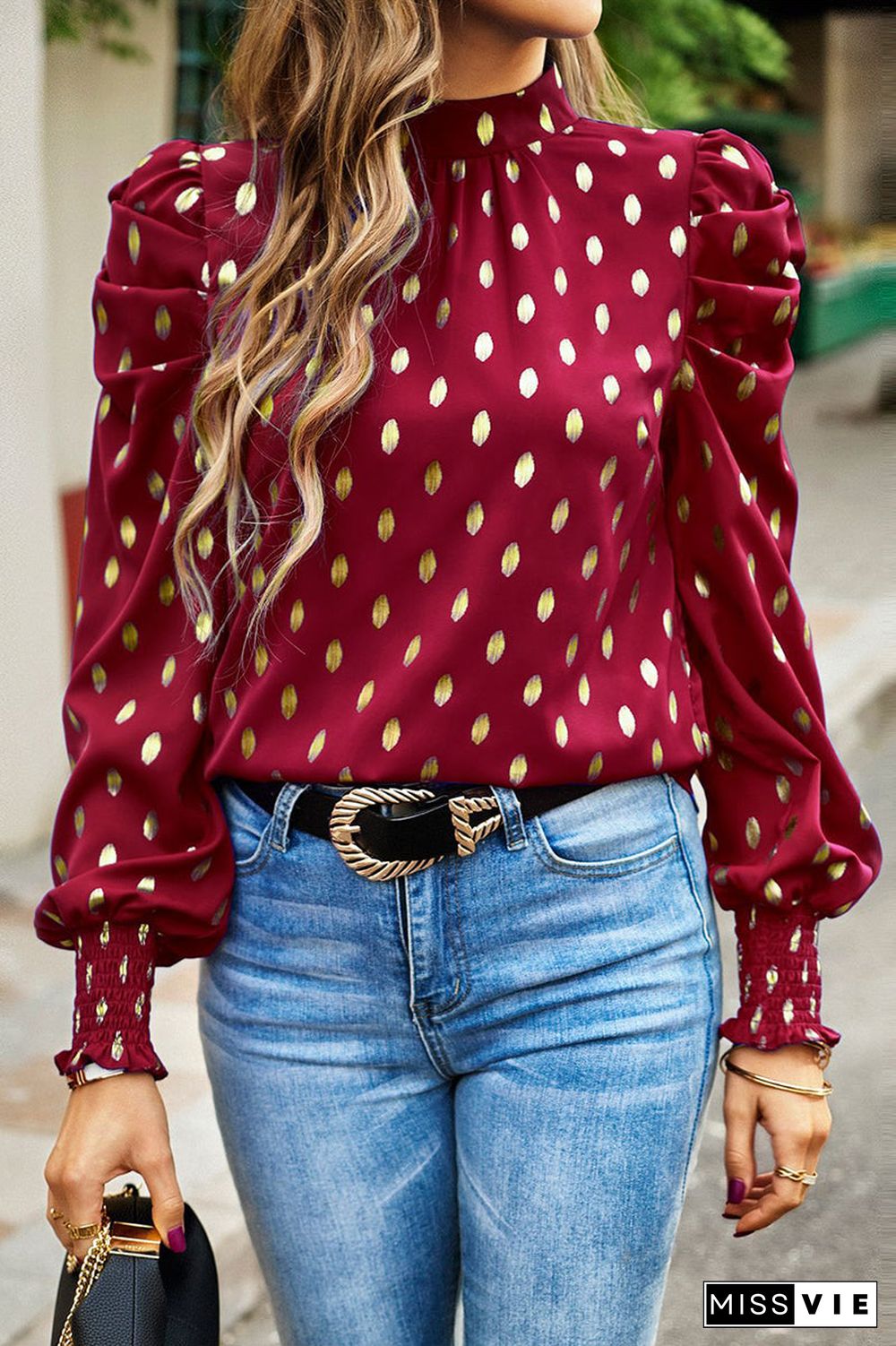 Elegant Polka Dot Fold Half A Turtleneck Tops