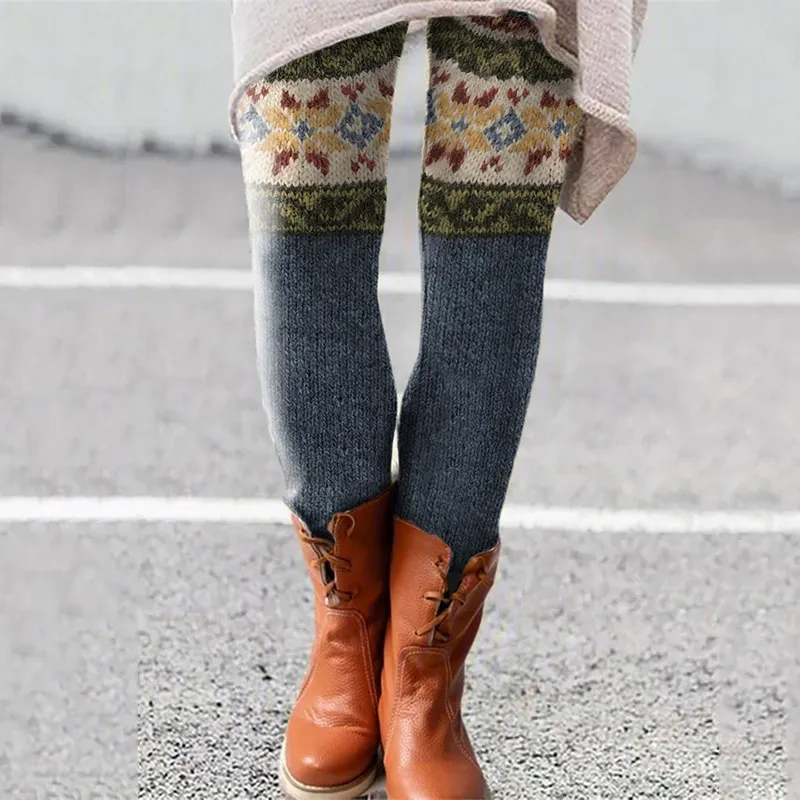 Vintage Icelandic Pattern Color Block Casual Leggings