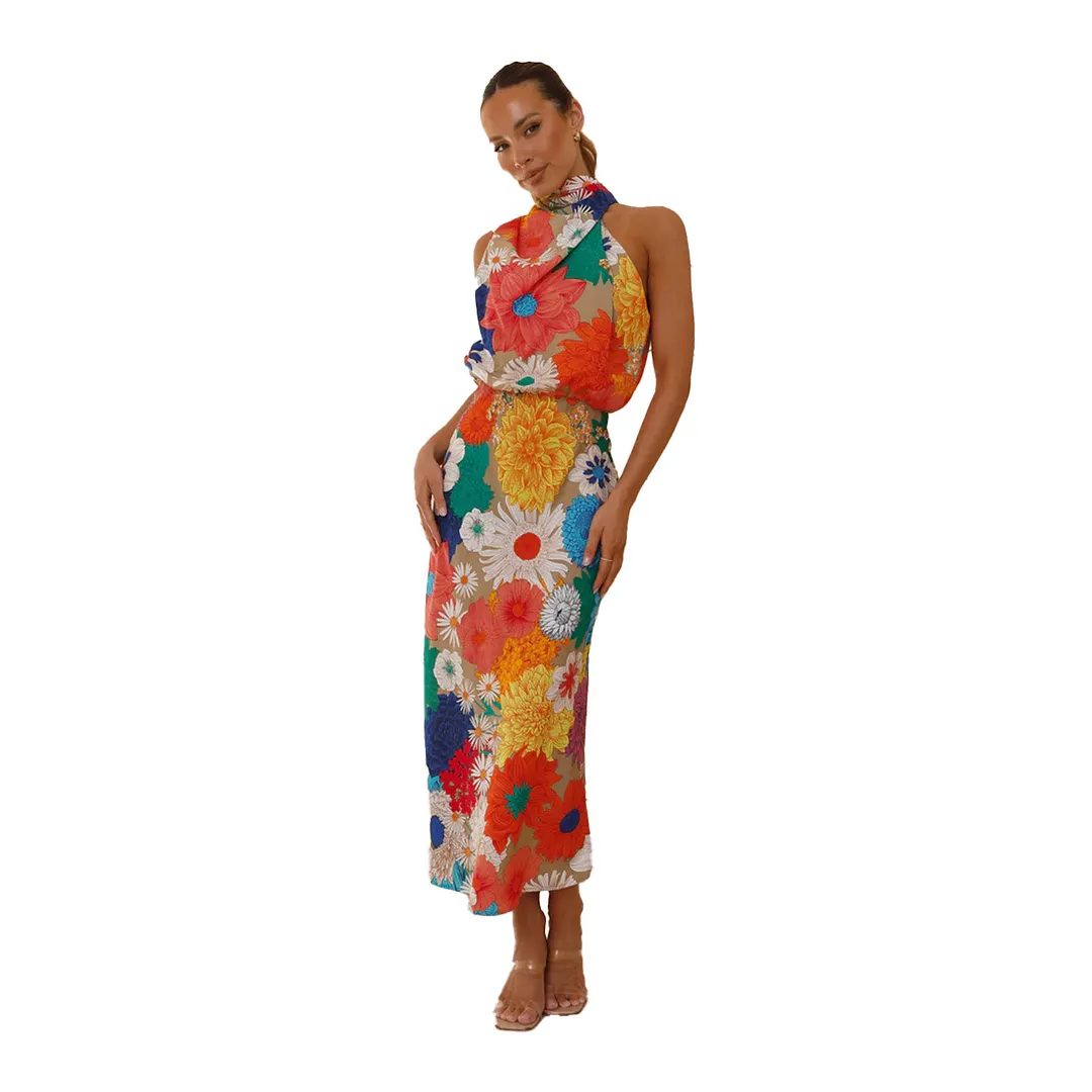 Brownm Brownm Years Holiday Style Fashion Print Hanging Neck Sleeveless Waist Dress-23117-1
