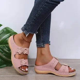 Qengg Summer New Flower Car Sewing Solid Light Mouth Round Head Casual Fashion Lady Flat Sandals